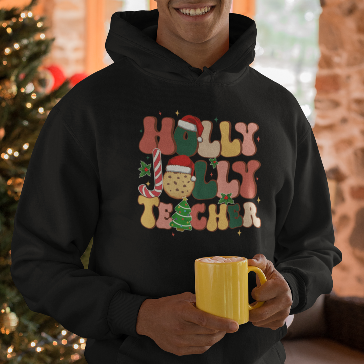 Groovy Holly Jolly Teacher Christmas Retro Xmas Hoodie - Wonder Print Shop