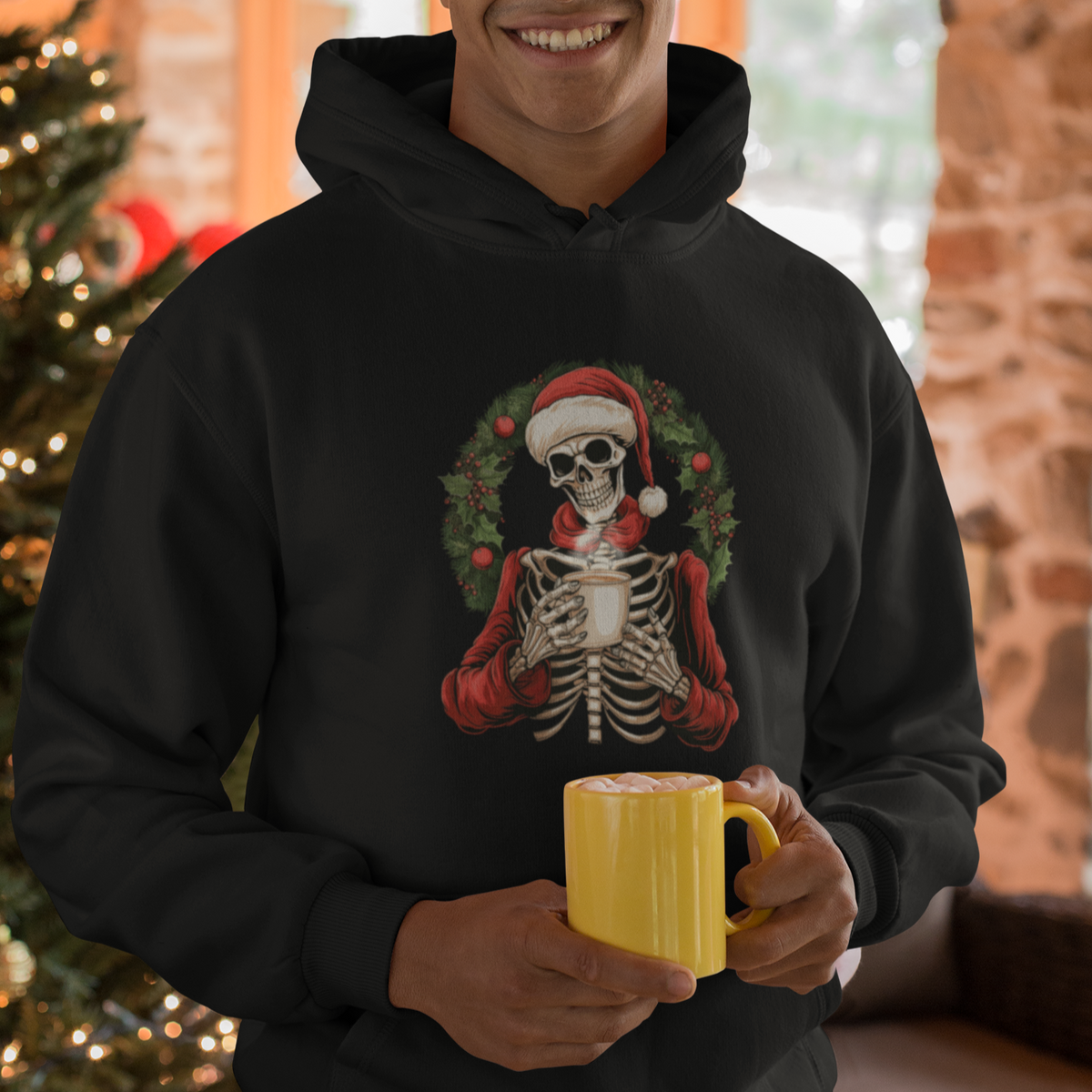 Skeleton Christmas Hoodie Dead Inside But Caffeinated Coffee Lover Xmas Vibe - Wonder Print Shop