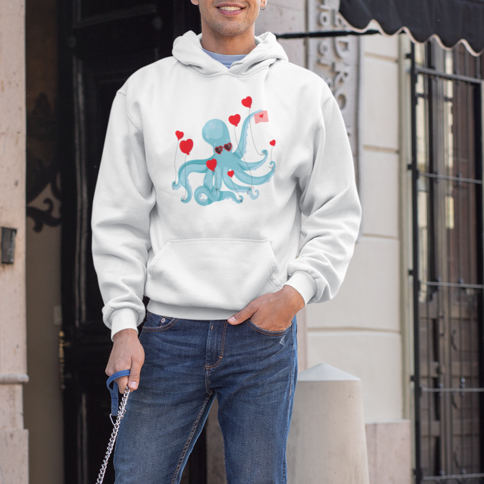 Valentine's Day Hoodie Octopus With Heart Balloons Cute Love Letter - Wonder Print Shop
