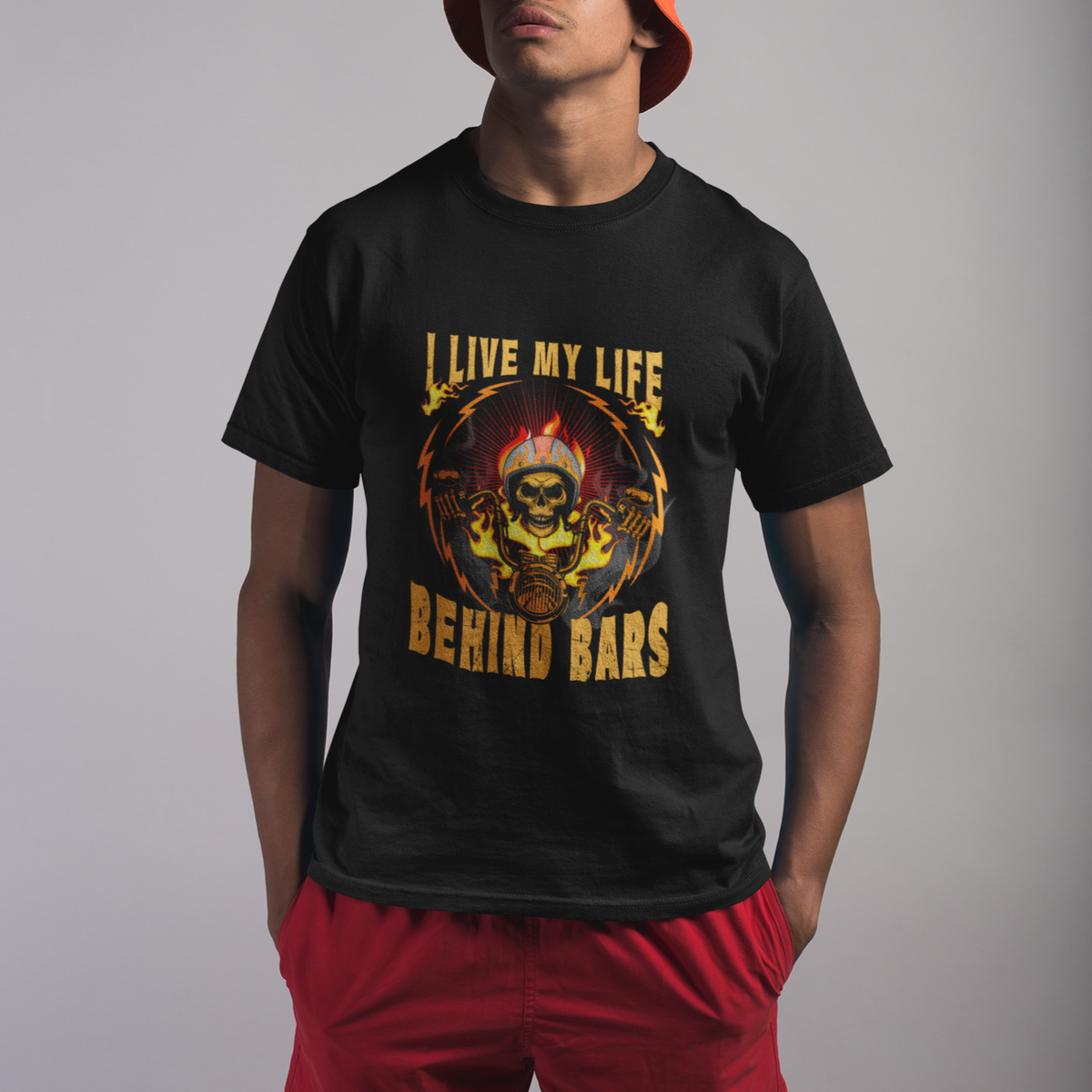 I Live My Life Behind Bars Skull Biker Motorcycle Dirt Biker Skeleton T-Shirt - Wonder Print Shop