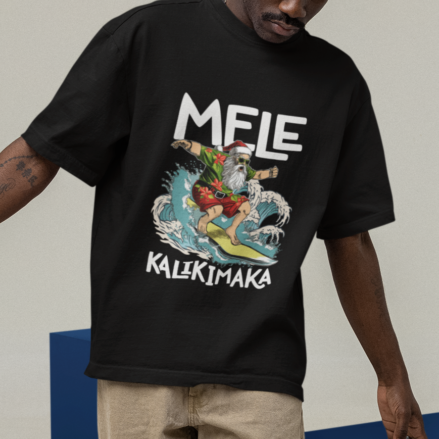 Mele Kalikimaka Tropical Hawaiian Christmas in Hawaii Surfing Santa T Shirt - Wonder Print Shop