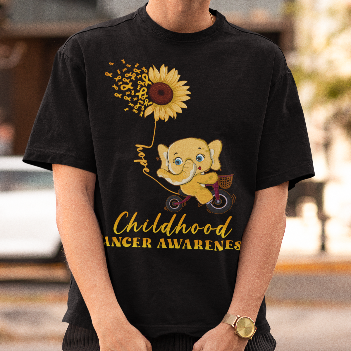 Childhood Cancer Awareness T Shirt Elephant Sunflower Gold Ribbon - Wonder Print Shop