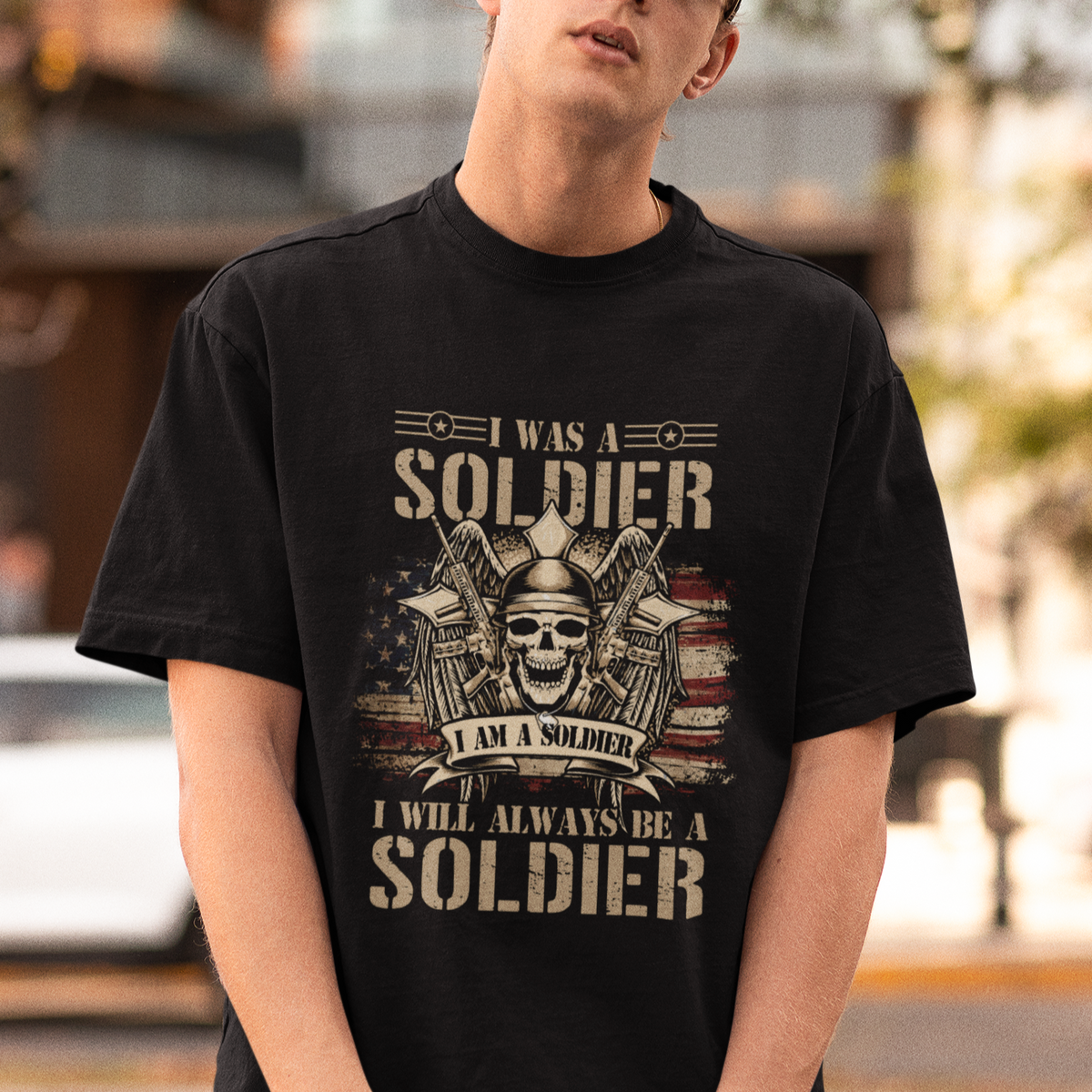 Veteran T Shirt I Was I Am I Will Always Be A Soldier US Flag American Skull - Wonder Print Shop