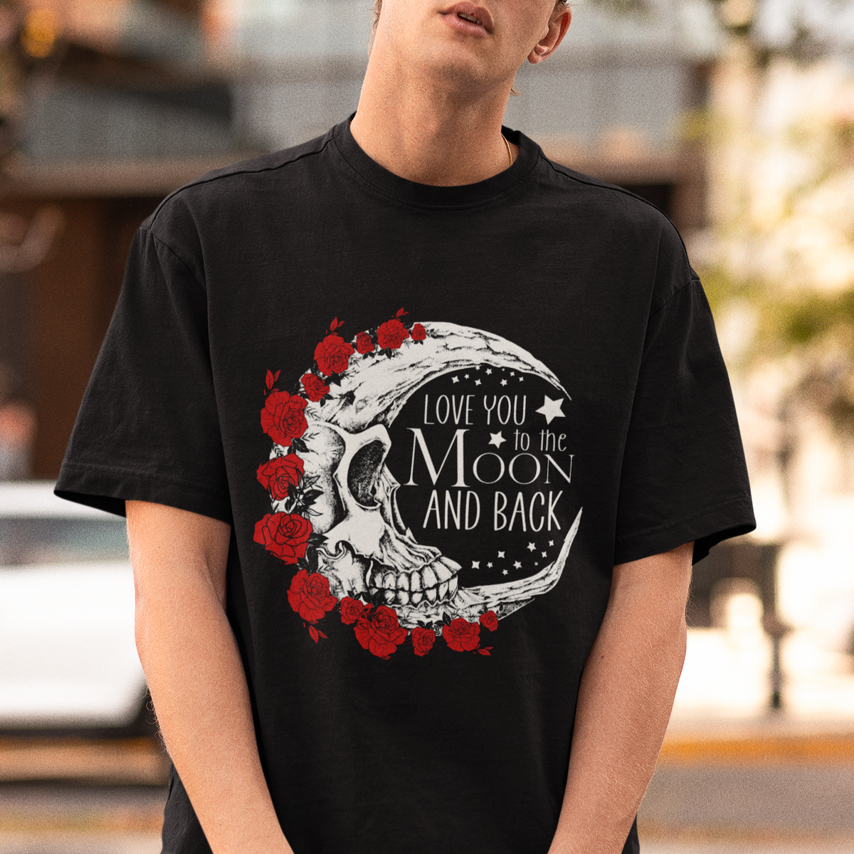 Valentine's Day T Shirt Love You To The Moon And Back Skull Rose - Wonder Print Shop