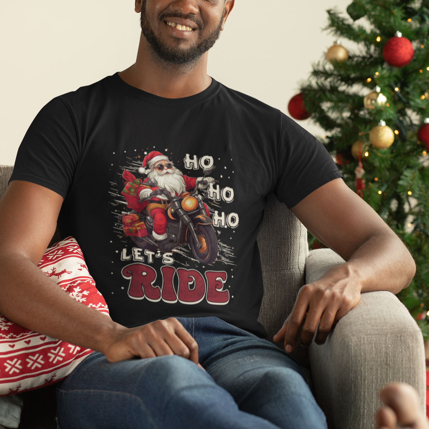 Santa Claus Biker T Shirt Ho Ho Ho Let's Ride Christmas - Wonder Print Shop