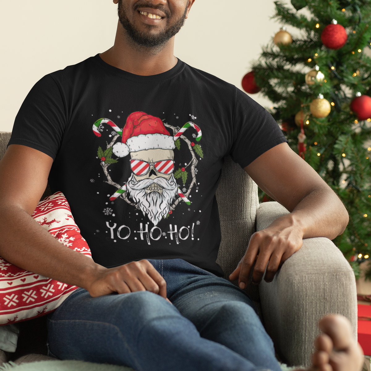 Christmas T Shirt Skull Santa Beard Sunglass Candy Cane - Wonder Print Shop