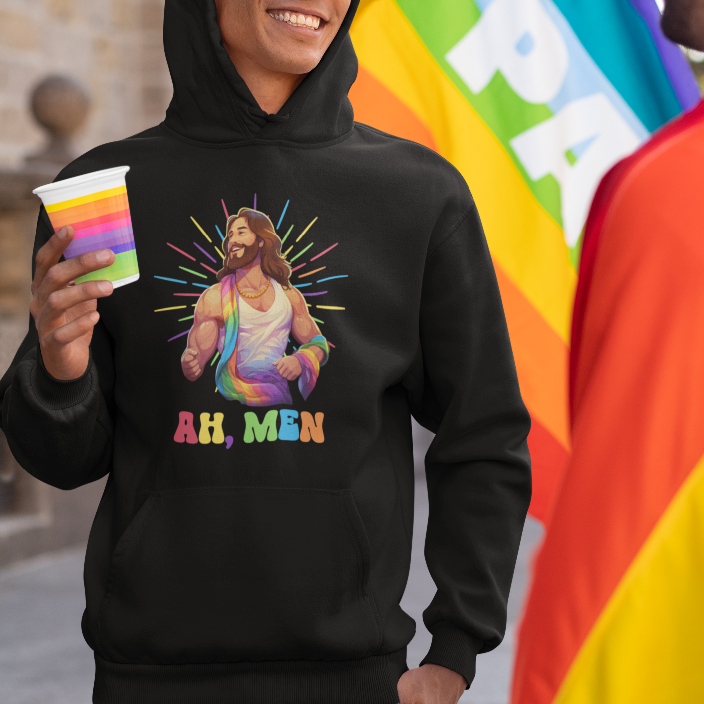 Ah Men Funny LGBT Gay Pride Jesus Rainbow Flag Christian Hoodie - Wonder Print Shop