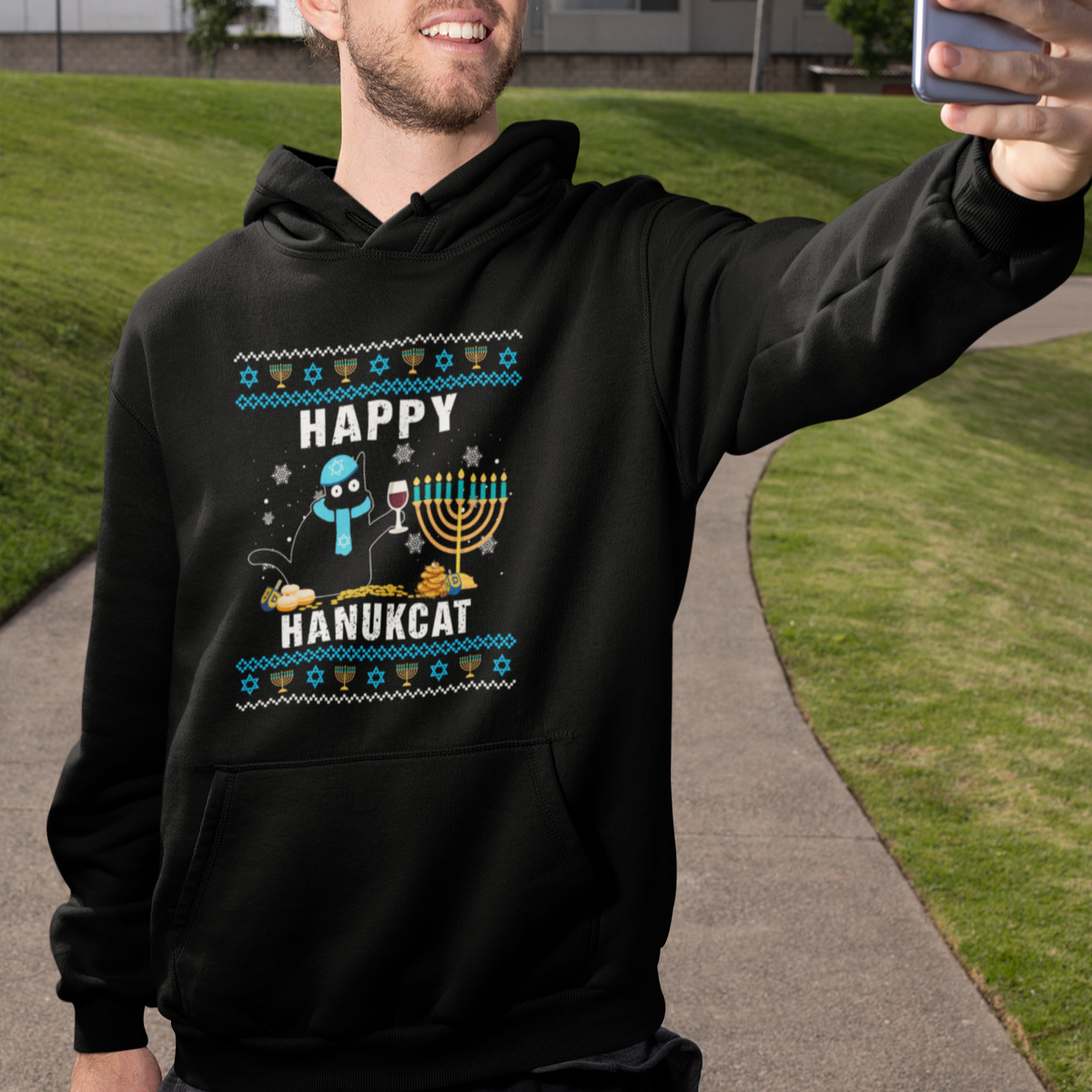 Hanukkah Cat Hoodie Happy Hanukcat Jewish Hanukkah Black Cat Menorah Chanukah - Wonder Print Shop