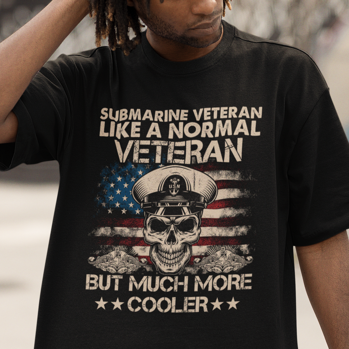 Navy Veteran T Shirt Like A Normal Veteran But Much More Cooler American Flag Submariner Skull - Wonder Print Shop