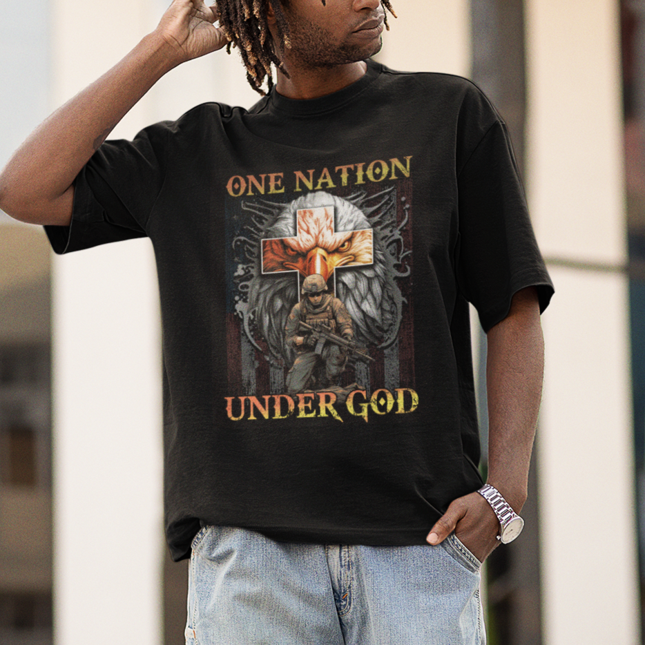 American Patriotic T Shirt One Nation Under God Christian Cross Bald Eagle - Wonder Print Shop