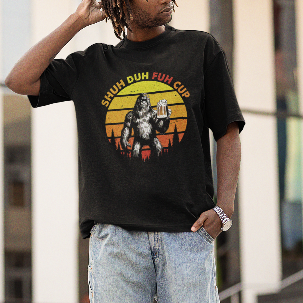 Funny Camping T Shirt Shuh Duh Fuh Cup Retro Funny Bigfoot Drinking Beer Camping - Wonder Print Shop