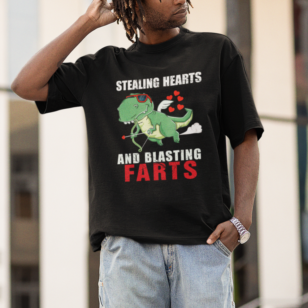 Valentine's Day T Shirt Cute Dinosaur Cupid Stealing Hearts And Blasting Farts - Wonder Print Shop