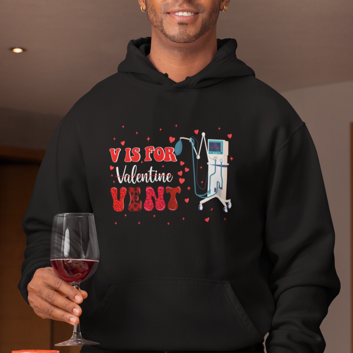 Valentine's Day Hoodie V Is For Vent Respiratory Therapist Nurse Healthcare Worker - Wonder Print Shop