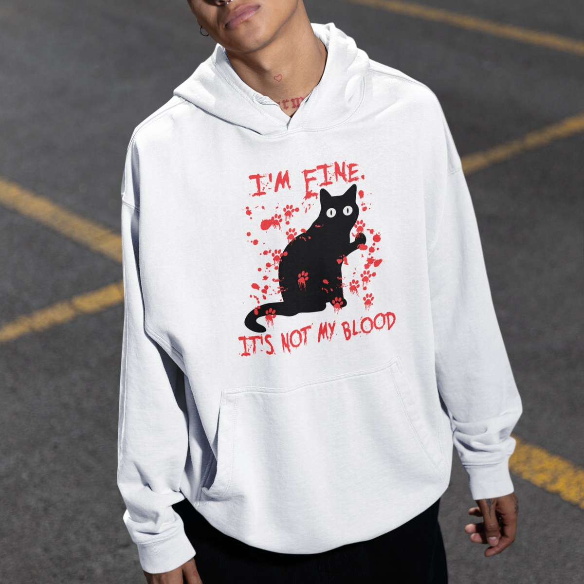 Funny Black Cat Hoodie It's Fine I'm Fine It's Not My Blood Halloween Joke - Wonder Print Shop