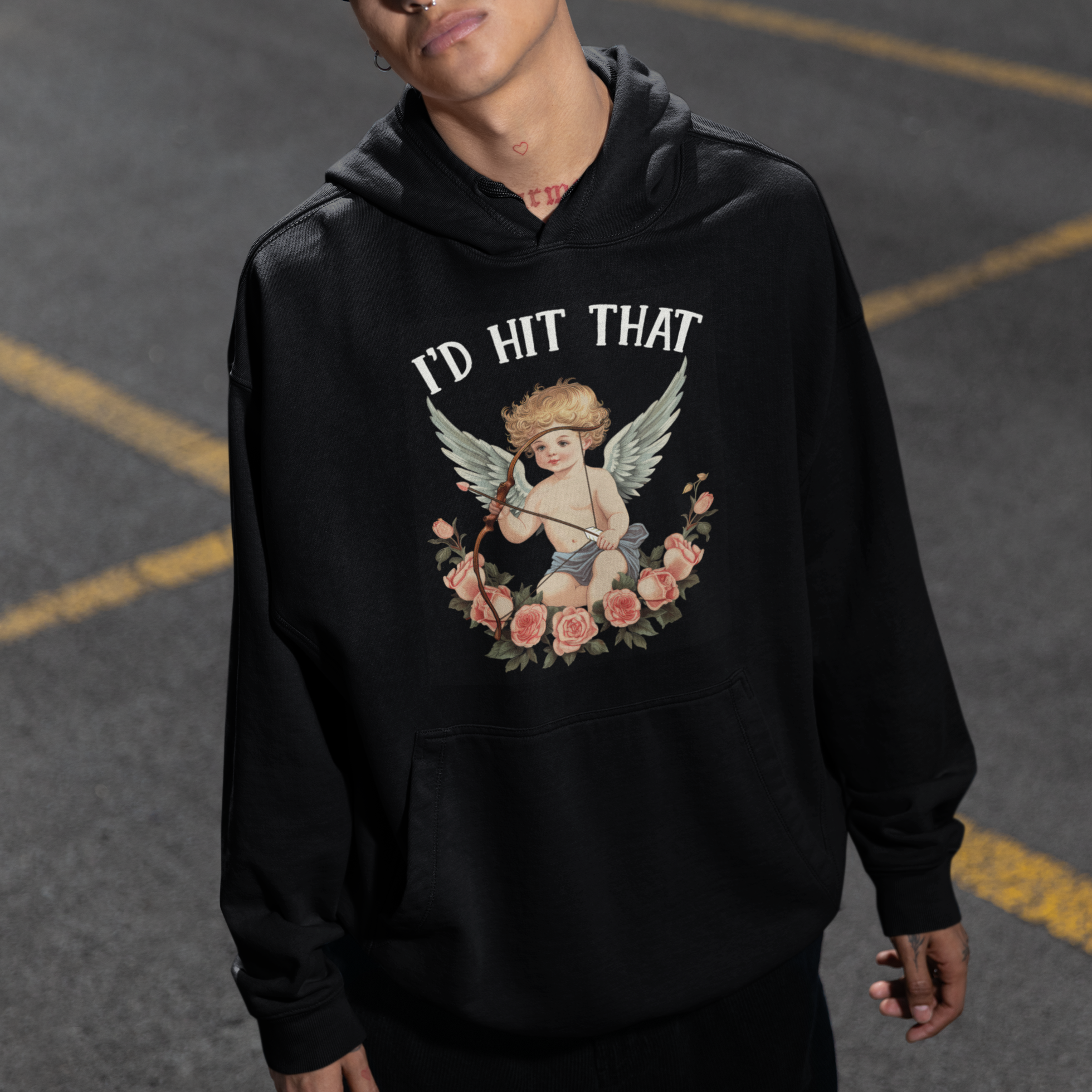 Valentine's Day Hoodie I'd Hit That Cupid Vintage Art Rose - Wonder Print Shop