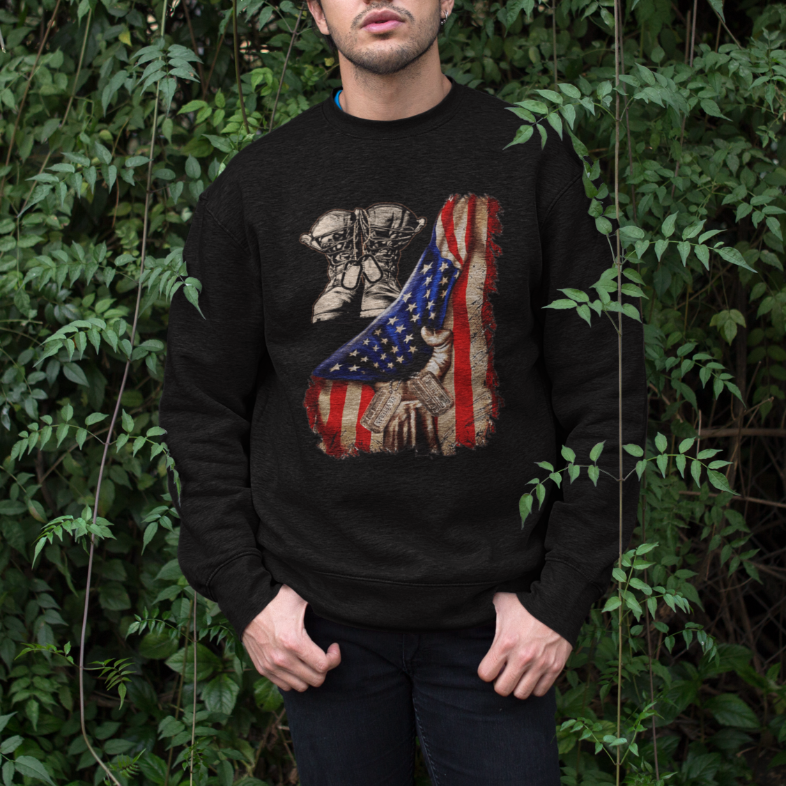 US Pride Sweatshirt American Flag With Combat Boots And Dog Tags - Wonder Print Shop
