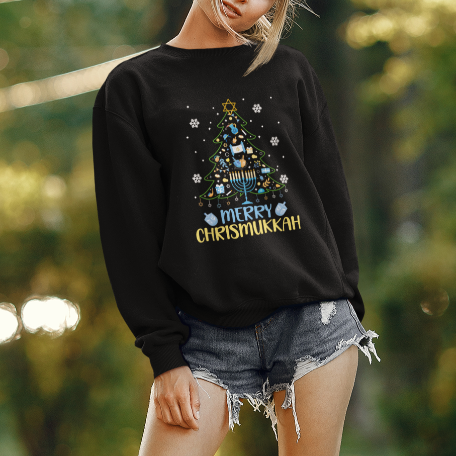 Christmas Hanukkah Sweatshirt Merry Christmukkah Jewish Christmas Tree Chanukah Hanukkah - Wonder Print Shop