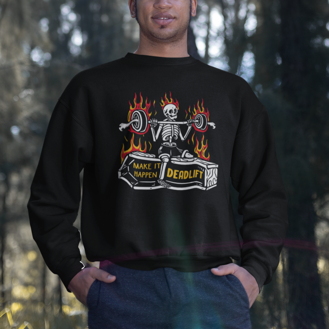 Halloween Gymer Sweatshirt Make It Happen Skeleton Deadlift Fitness Gym - Wonder Print Shop