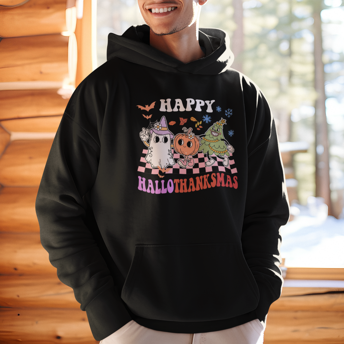 Hallothanksmas Hoodie Halloween Thanksgiving Christmas Groovy Happy HalloThanksMas - Wonder Print Shop