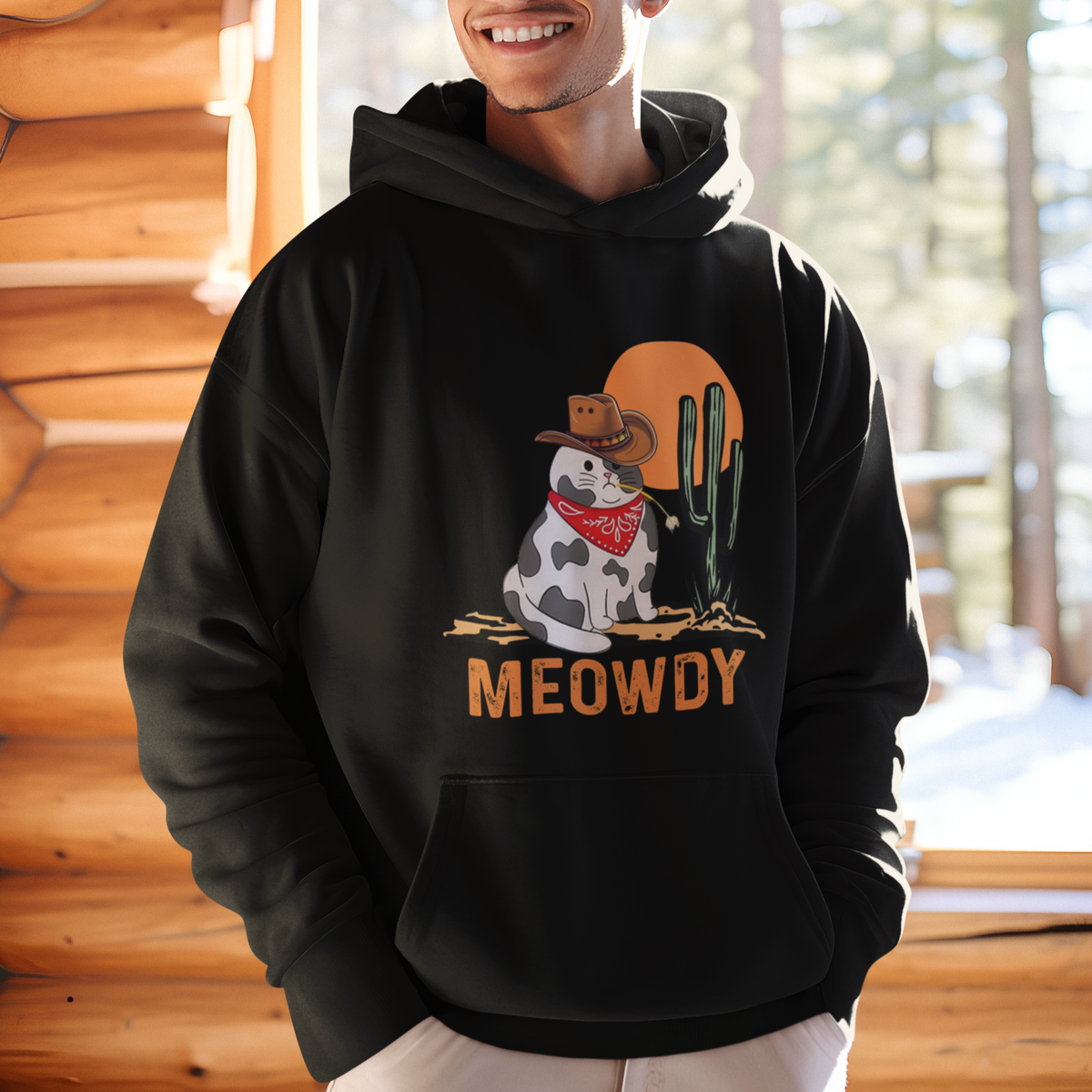 Meowdy Cat Cow Funny Howdy Meme Western Cowboy Hoodie - Wonder Print Shop
