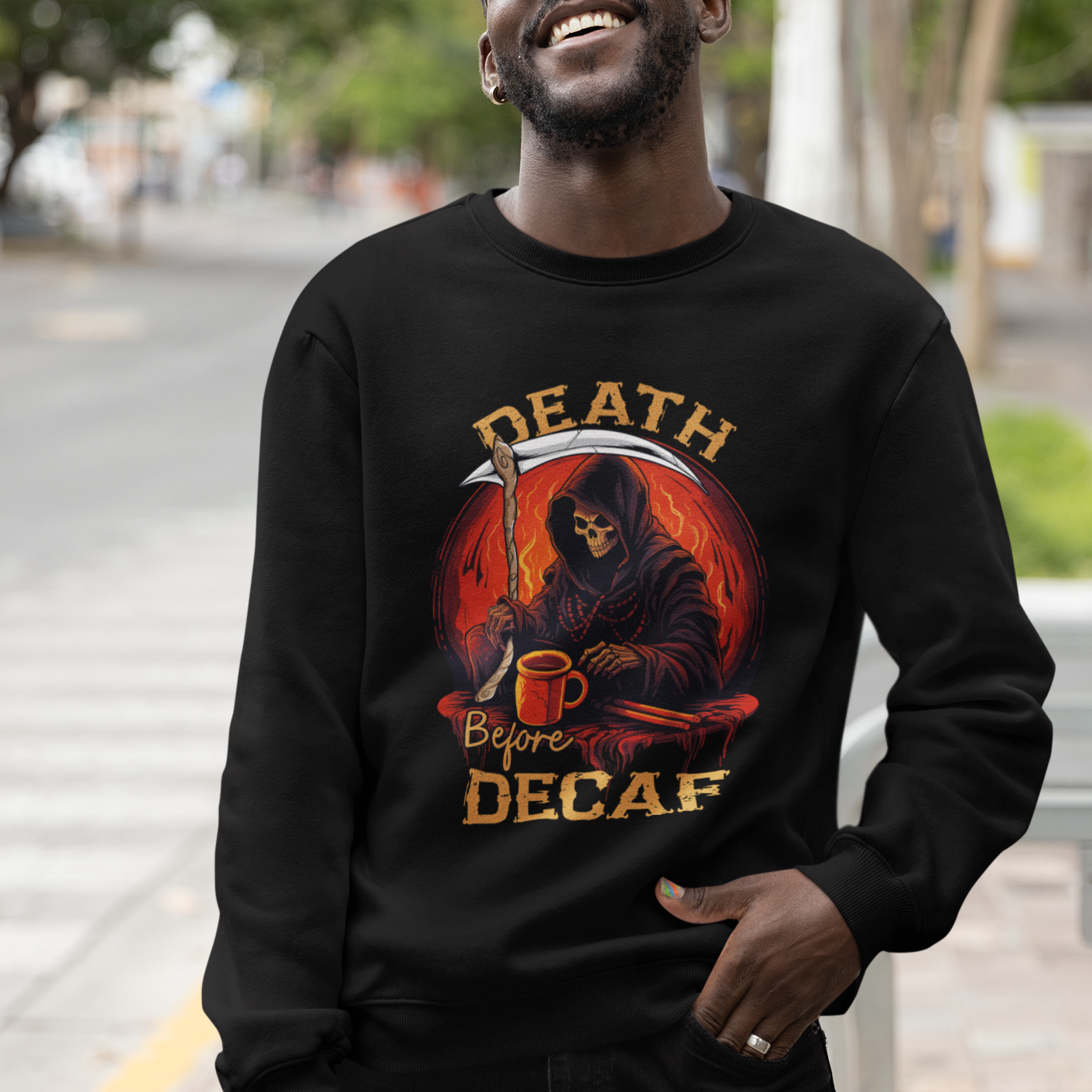 Death Before Decaf Skeleton Caffeine Coffee Drinker Sweatshirt - Wonder Print Shop