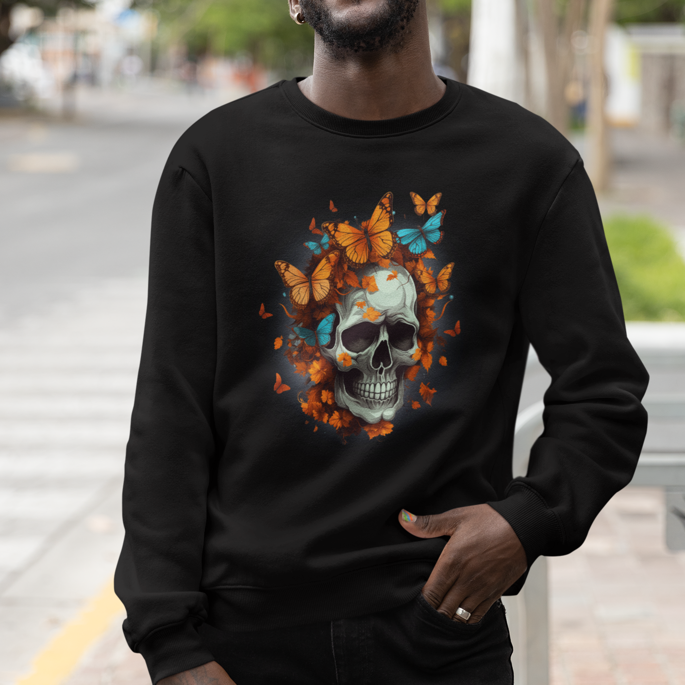 Cottagecore Floral Skull Sweatshirt Butterfly Aesthetic - Wonder Print Shop