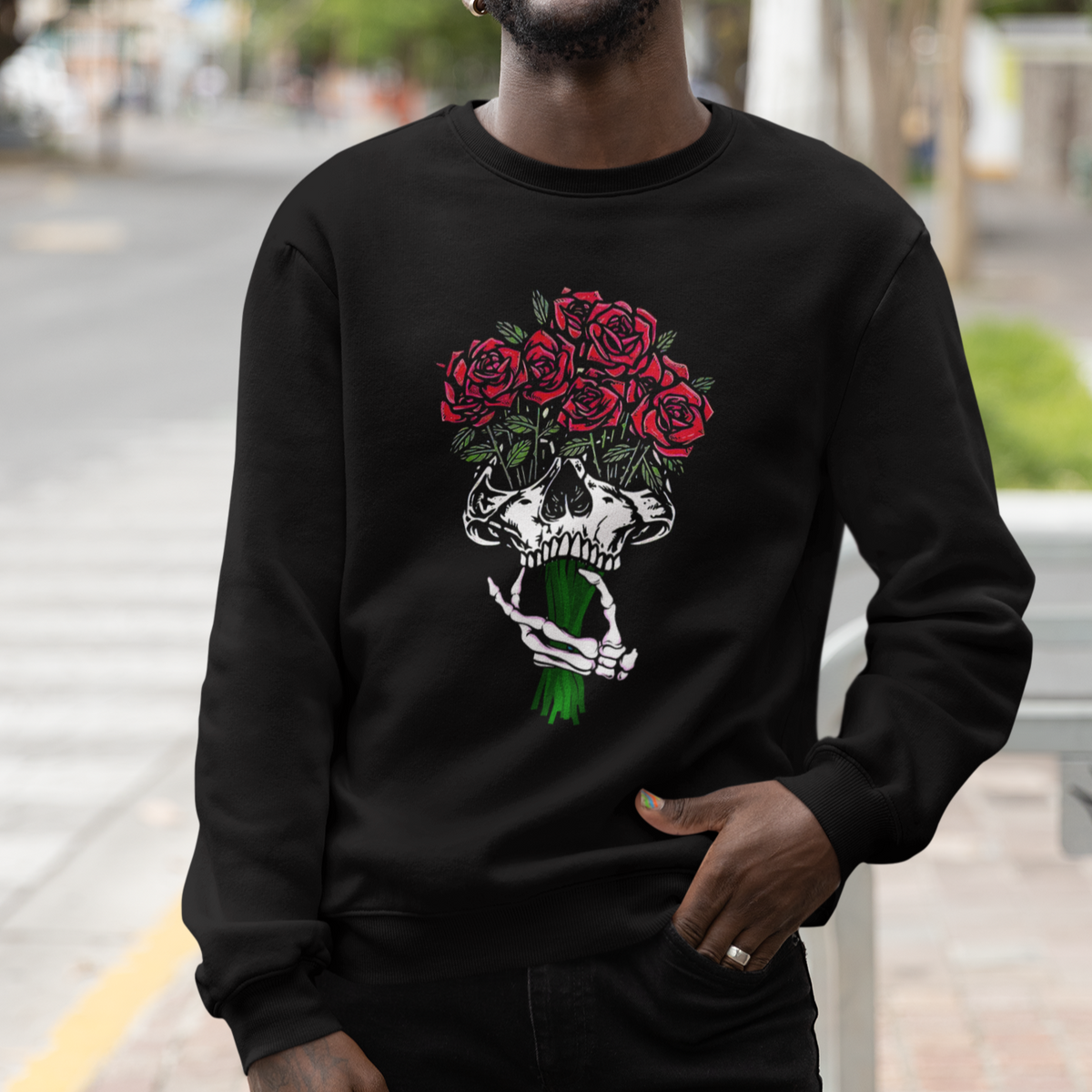 Skeleton Hand Red Rose Flowers Skull Sweatshirt - Wonder Print Shop