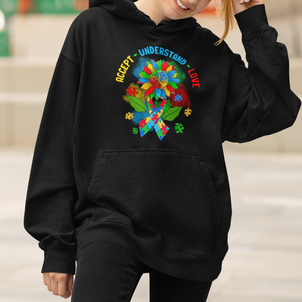 Autism Awareness Hoodie Accept Understand Love Rainbow Puzzle Sunflower - Wonder Print Shop