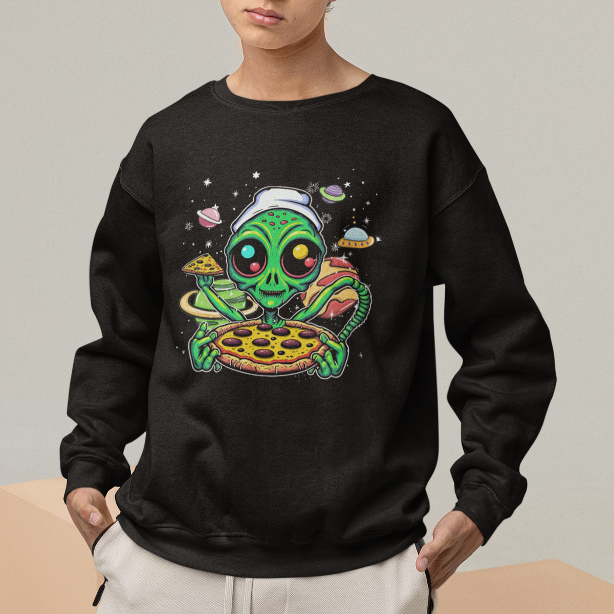 Alien Eating Pizza Outer Space With Planet UFO Sweatshirt - Wonder Print Shop