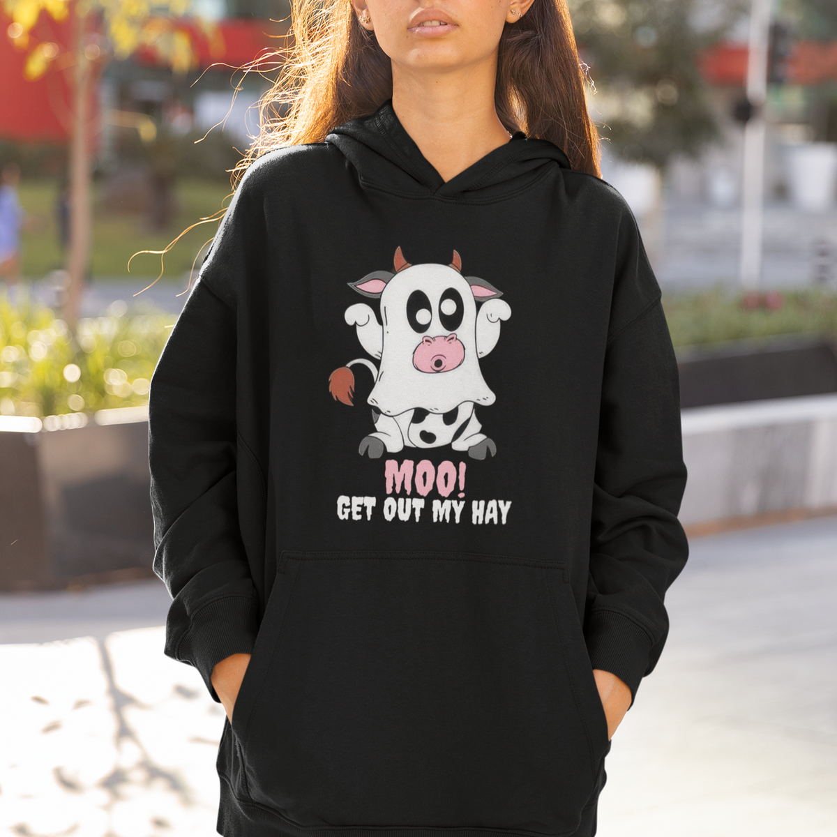 Halloween Hoodie MOO Get Out My Hay Cow Boo Ghost - Wonder Print Shop