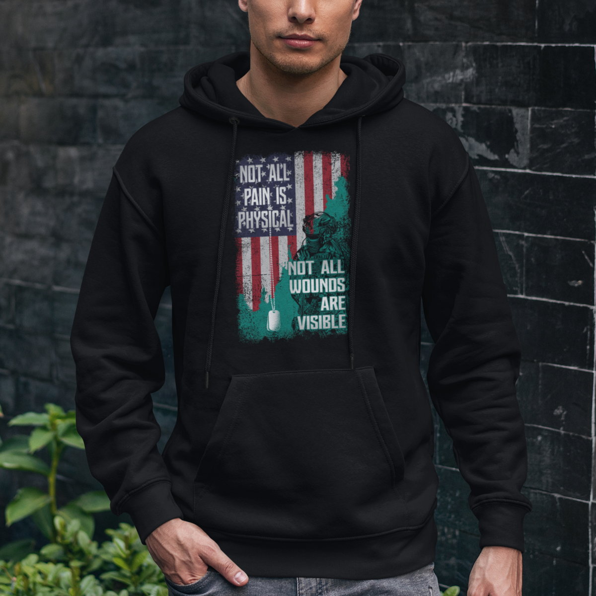 Veteran PTSD Hoodie Not All Pain Is Physical Not All Wounds Are Visible Teal American Flag - Wonder Print Shop