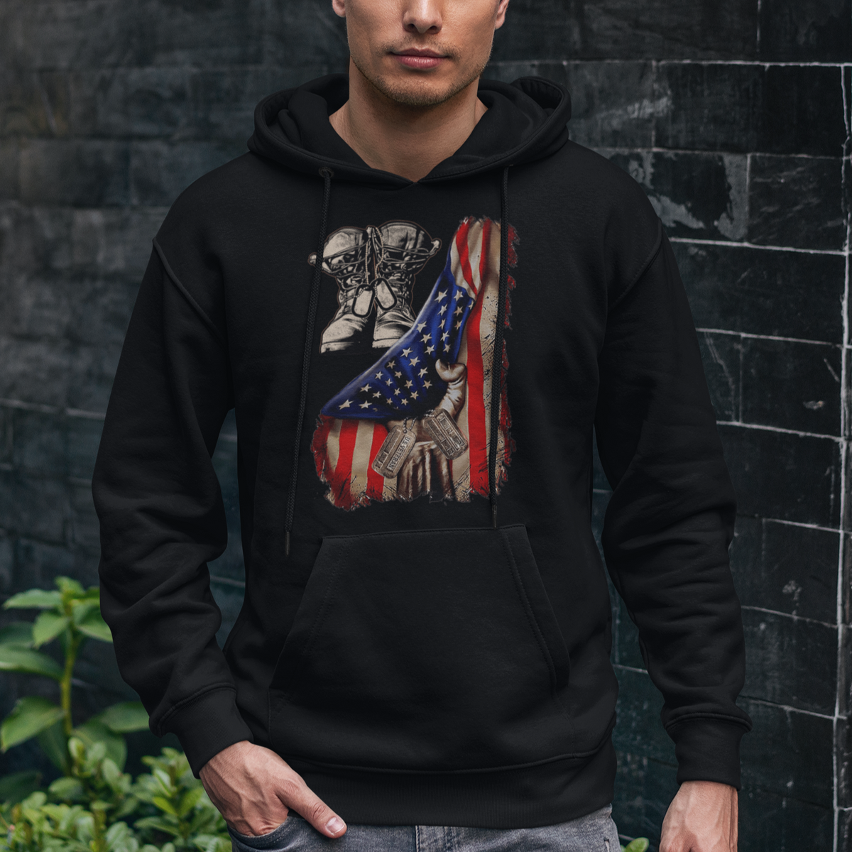 US Pride Hoodie American Flag With Combat Boots And Dog Tags - Wonder Print Shop