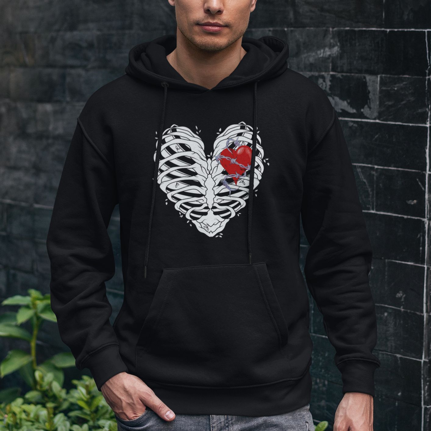 Valentine's Day Hoodie Gothic Valentine Skeleton With Barbed Wire Heart - Wonder Print Shop
