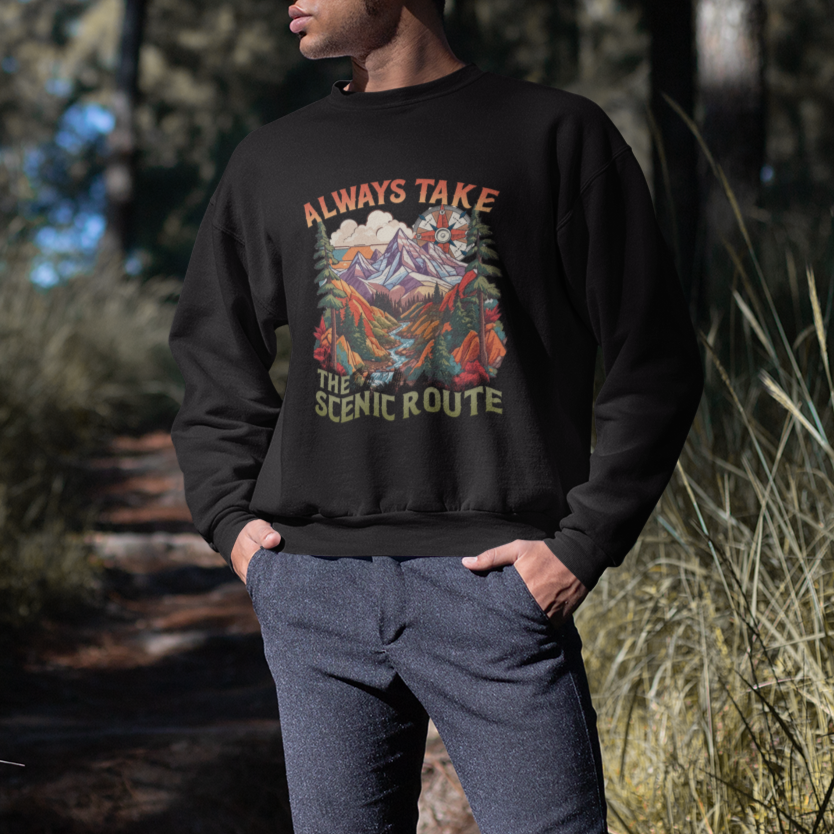 Outdoor Adventure Sweatshirt Always Take The Scenic Route Compass Hiking Camping - Wonder Print Shop