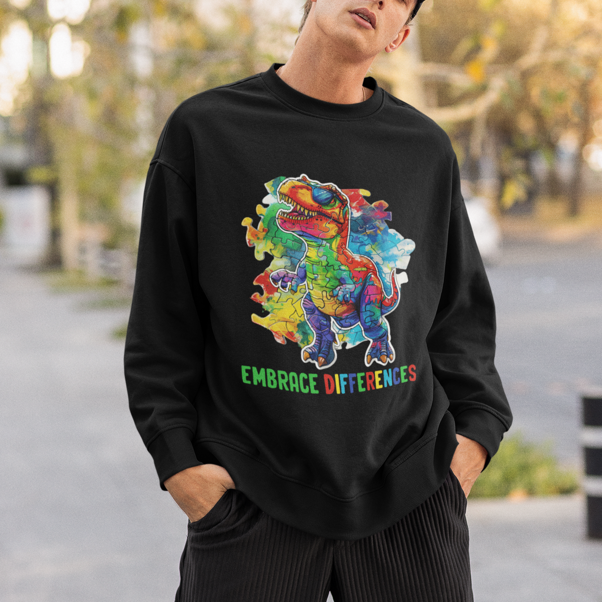 Autism Awareness Sweatshirt Embrace Differences Puzzle Dinosaur - Wonder Print Shop