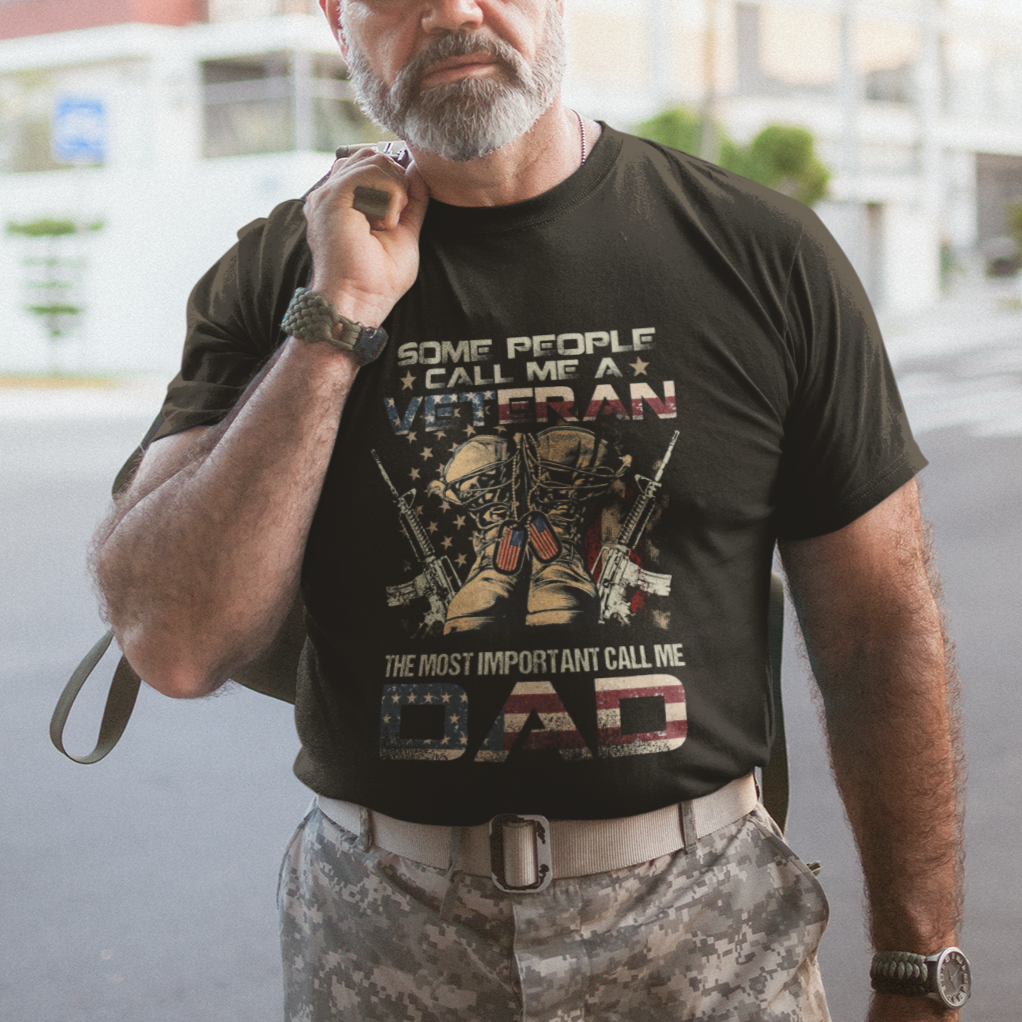 Veteran Dad T Shirt The Most Important People Call Me Dad American Flag Combat Boots And Dog Tags - Wonder Print Shop