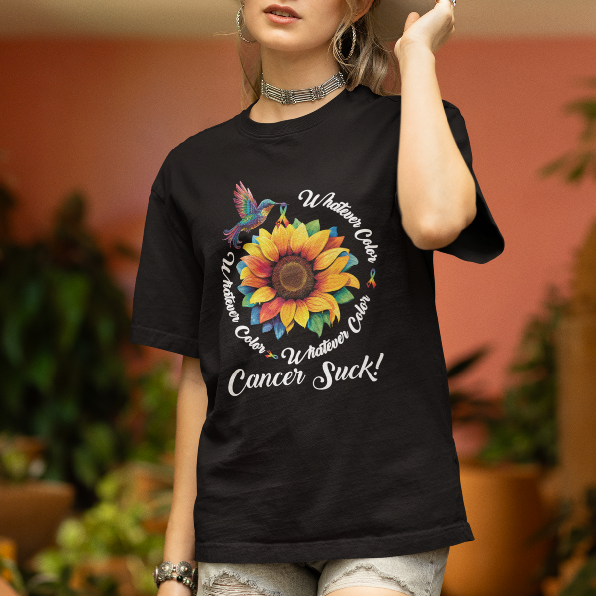 Whatever Color Cancer Sucks Fight Cancer Rainbow Ribbons Sunflower And Bird T Shirt - Wonder Print Shop