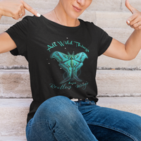Black women’s t-shirt with teal moth graphic and script text across the chest