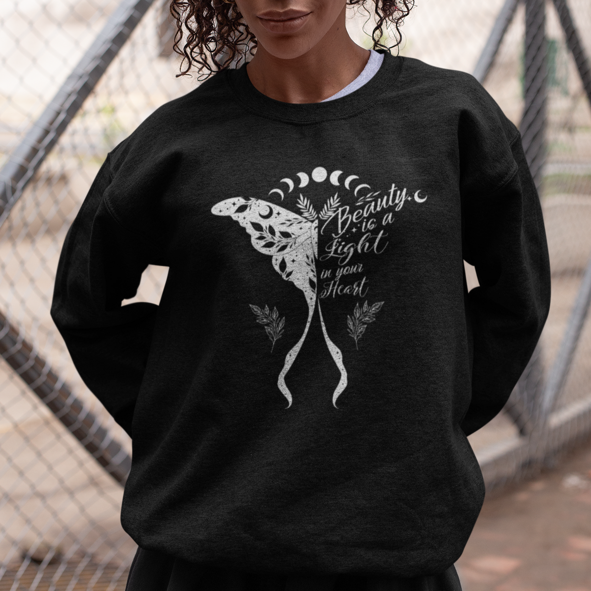 Moth Sweatshirt Floral Moth Beauty Is A Light In Your Heart Luna Moth Black and White Cottagecore Inspirational Shirt for Women, Moth T-shirt, Spirituality Shirt - Wonder Print Shop