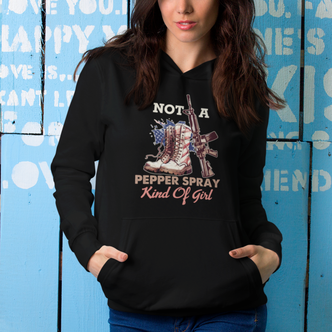 Female Veteran Hoodie Not A Pepper Spray Kind Of Girl American Flag Combat Boots - Wonder Print Shop