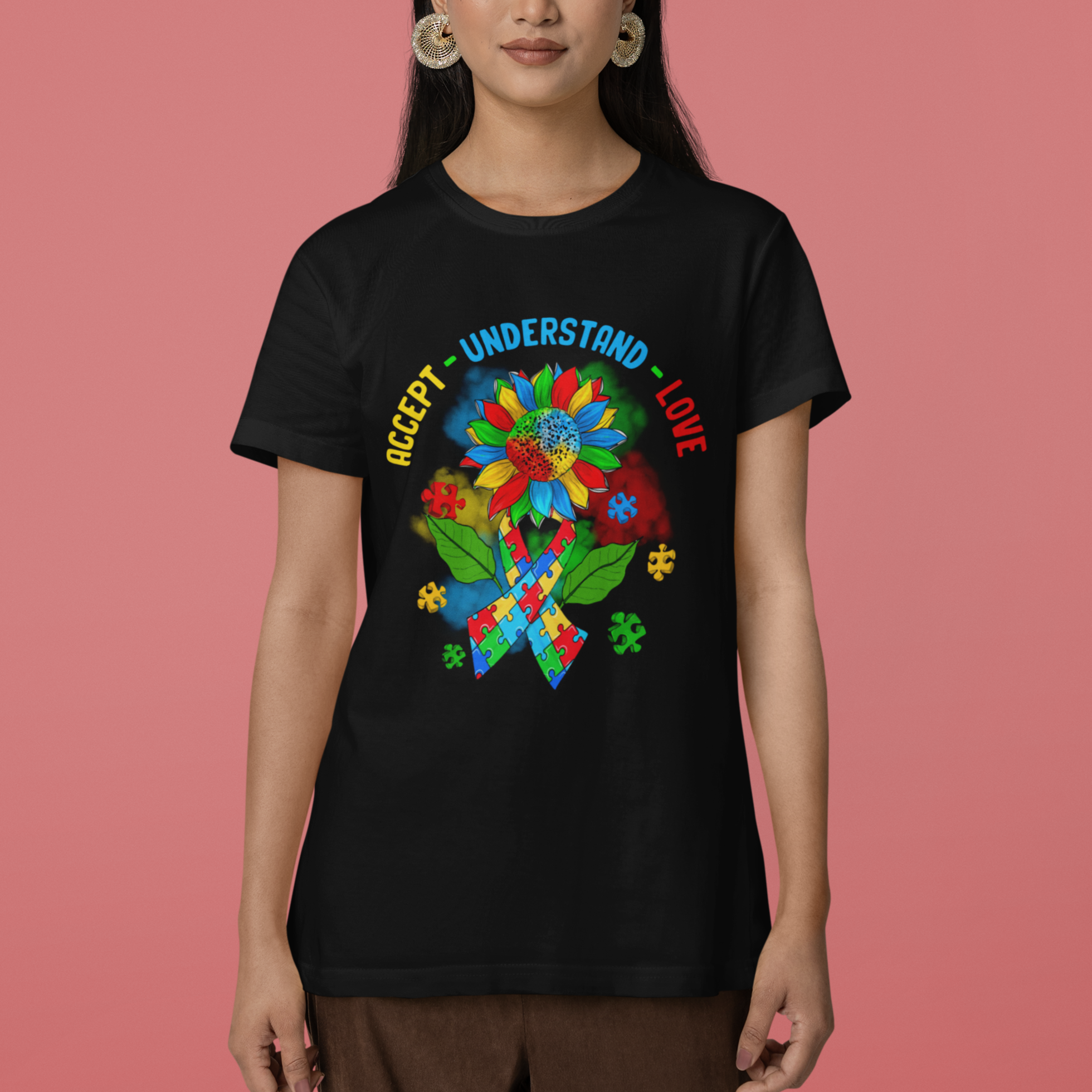Autism Awareness T Shirt Accept Understand Love Rainbow Puzzle Sunflower - Wonder Print Shop
