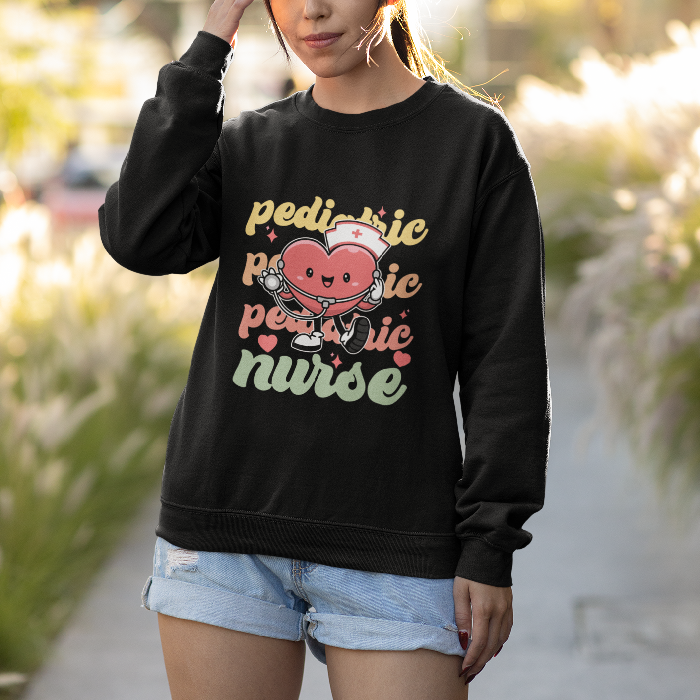 Valentine's Day Sweatshirt Retro Pediatric Nurse Cute Heart Stethoscope - Wonder Print Shop
