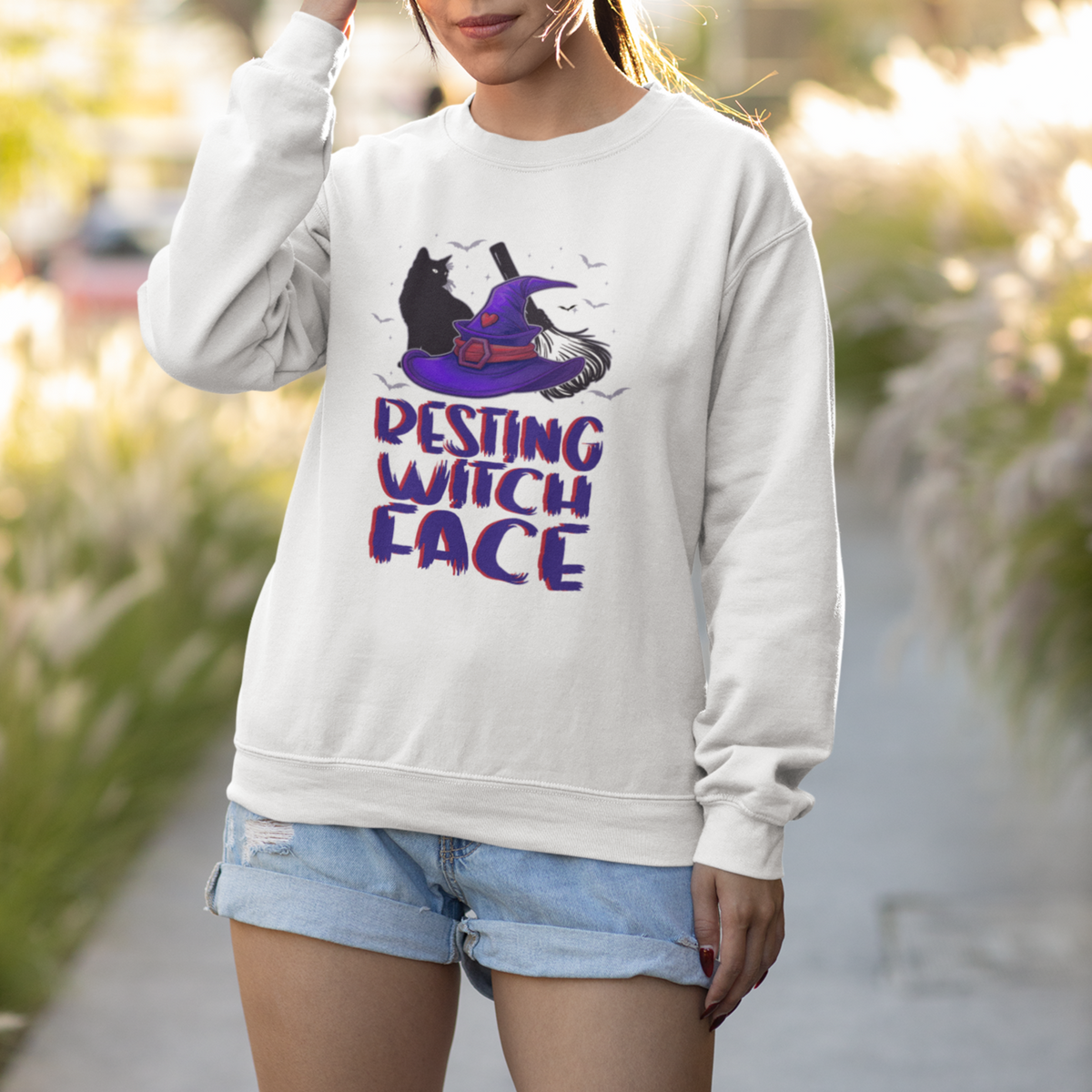 Funny Witch Sweatshirt Resting Witch Face With Black Cat - Wonder Print Shop