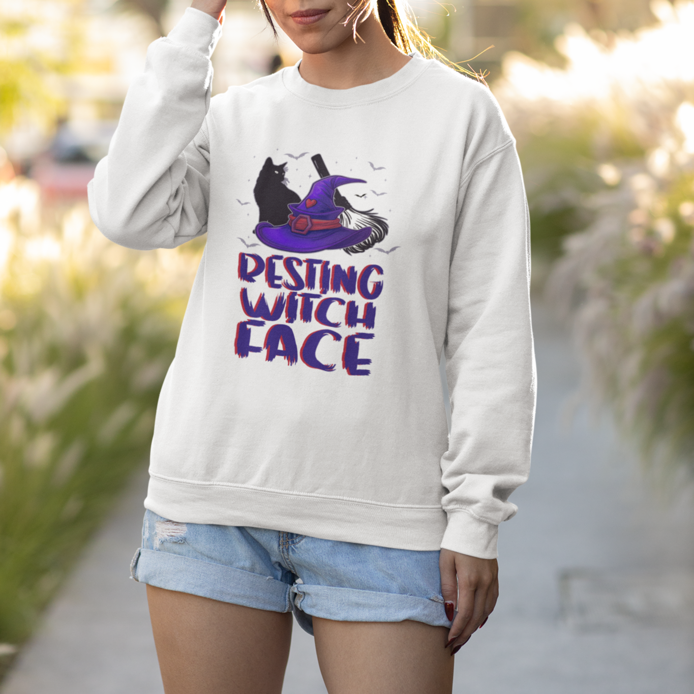 Funny Witch Sweatshirt Resting Witch Face With Black Cat - Wonder Print Shop