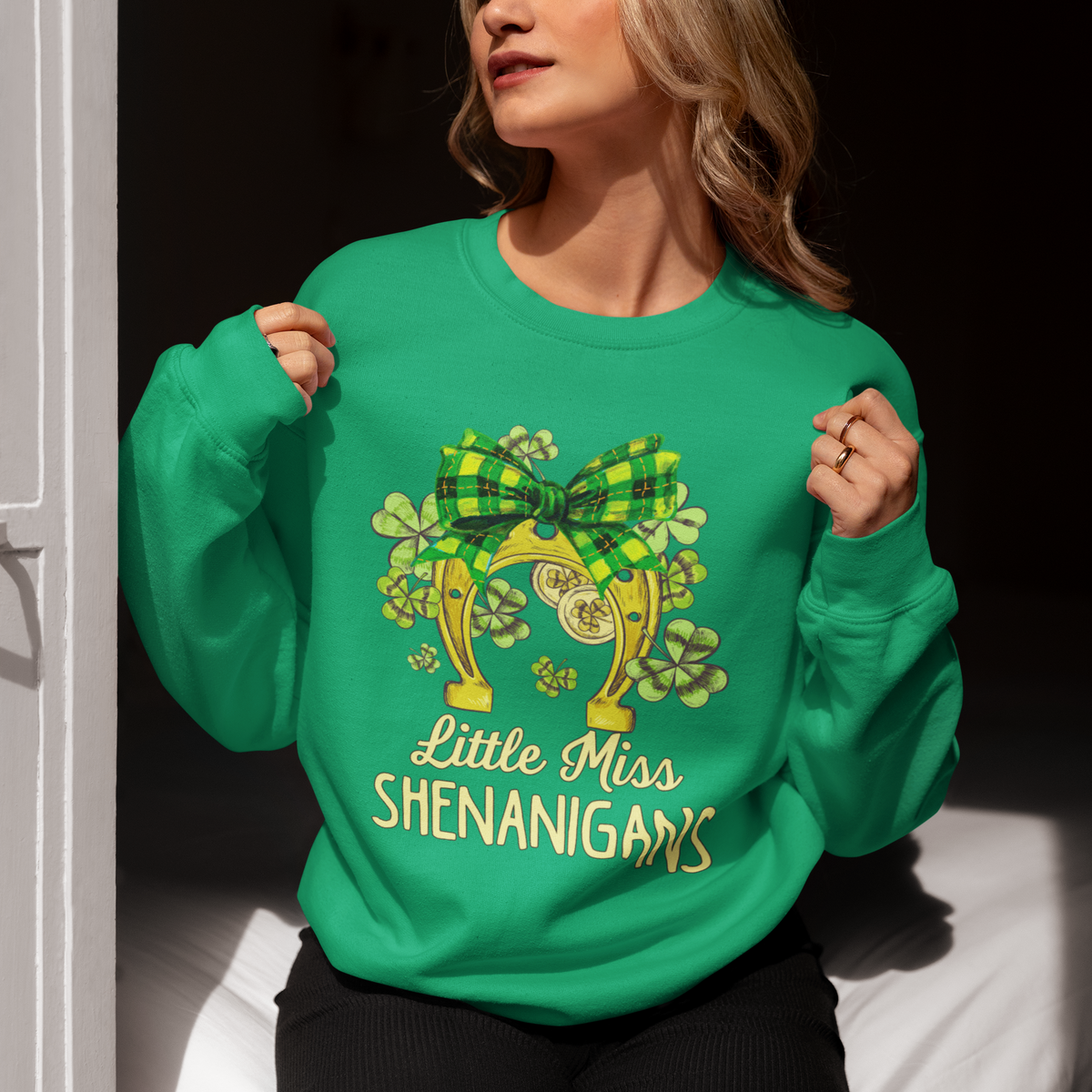 St. Patrick's Day Sweatshirt Little Miss Shenanigans Coquette Shamrocks - Wonder Print Shop