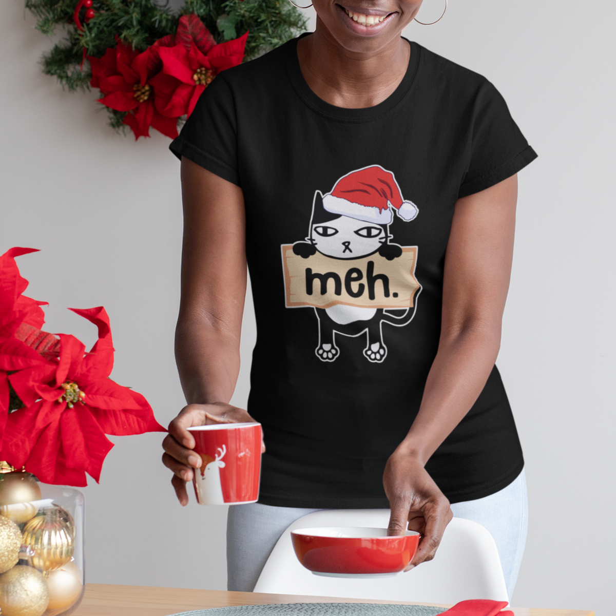Meh Black Cat Sarcastic Funny Christmas T Shirt - Wonder Print Shop