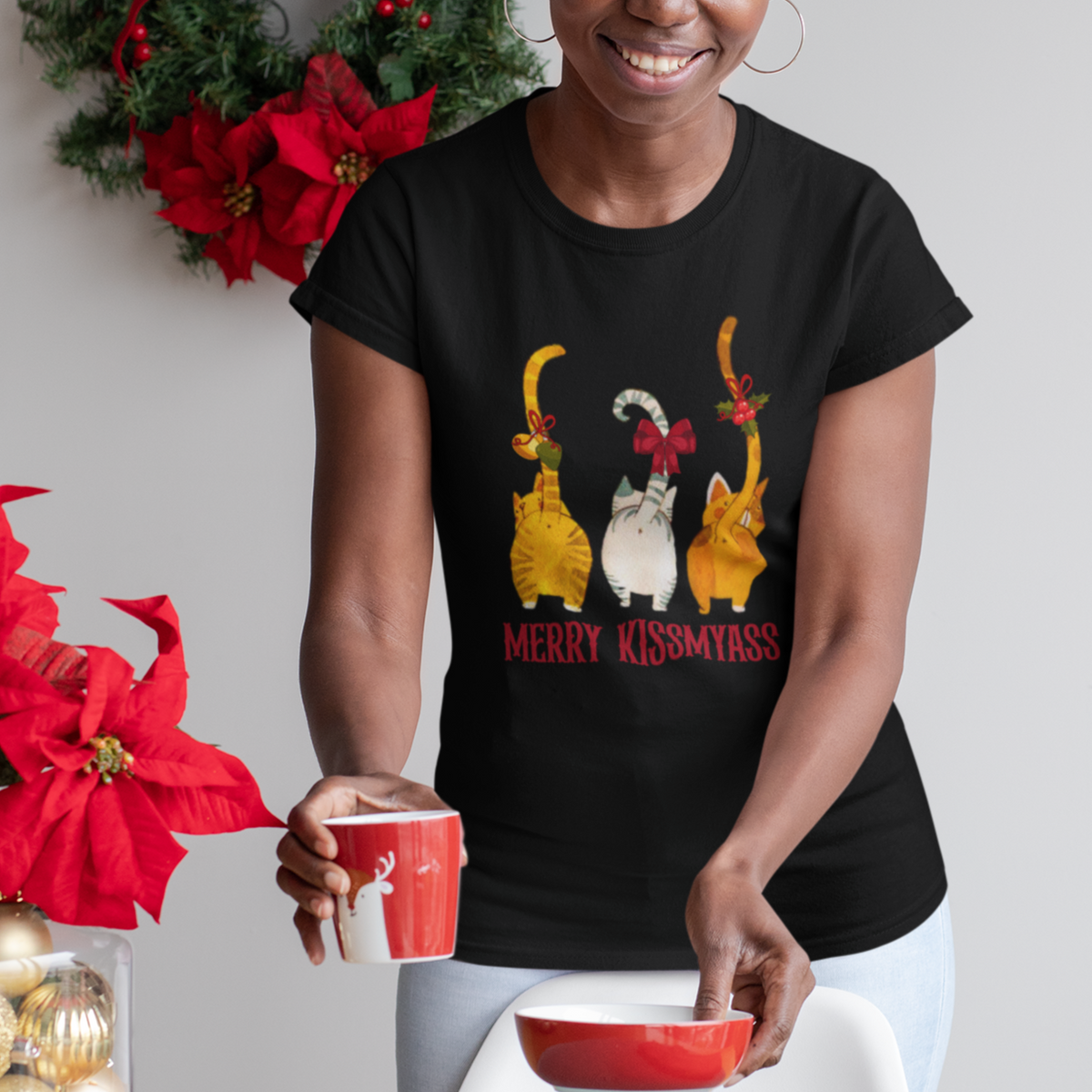 Merry Kissmyass Funny Cat Christmas T Shirt - Wonder Print Shop