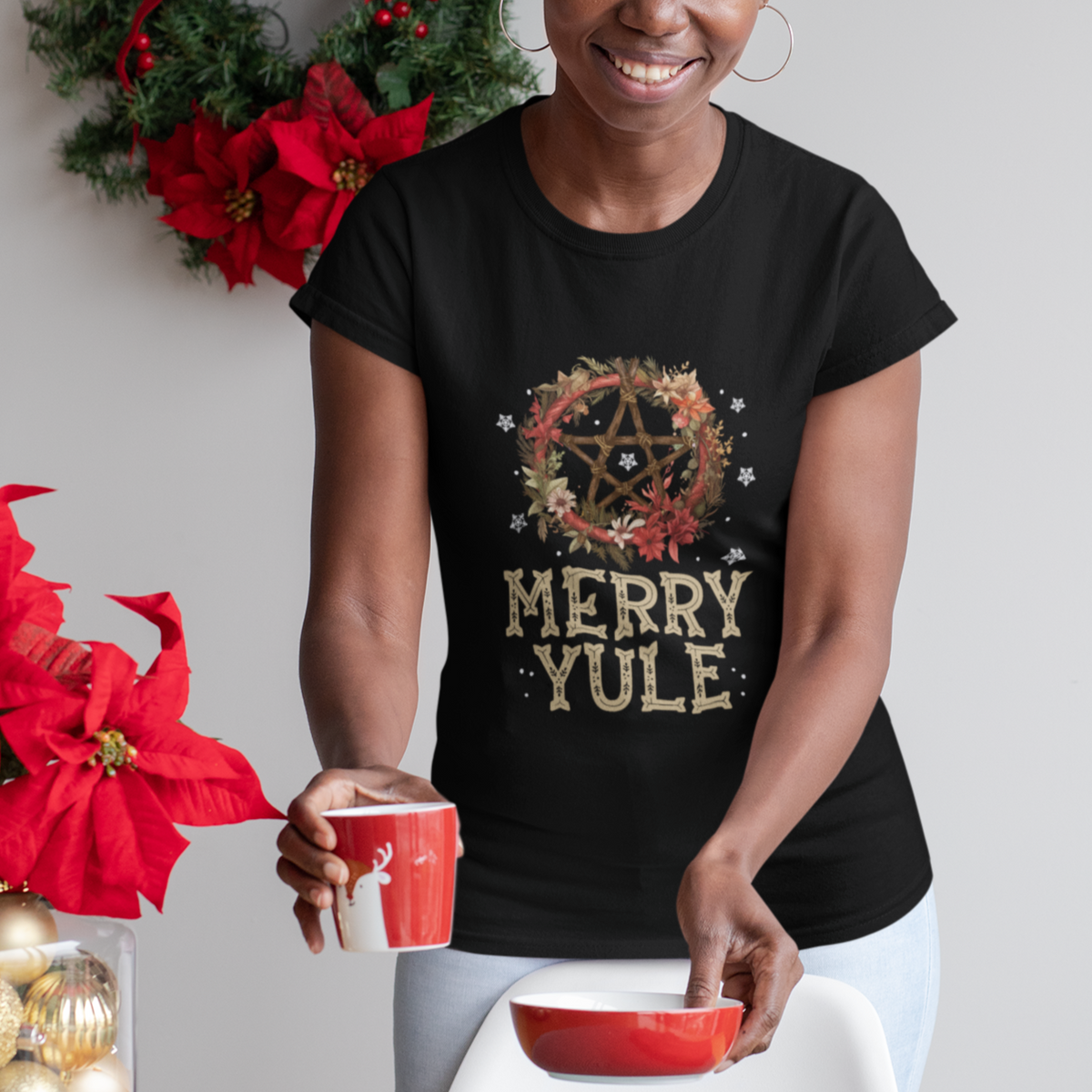 Merry Yule And Winter Solstice Flower Wreath Pentagram T Shirt - Wonder Print Shop