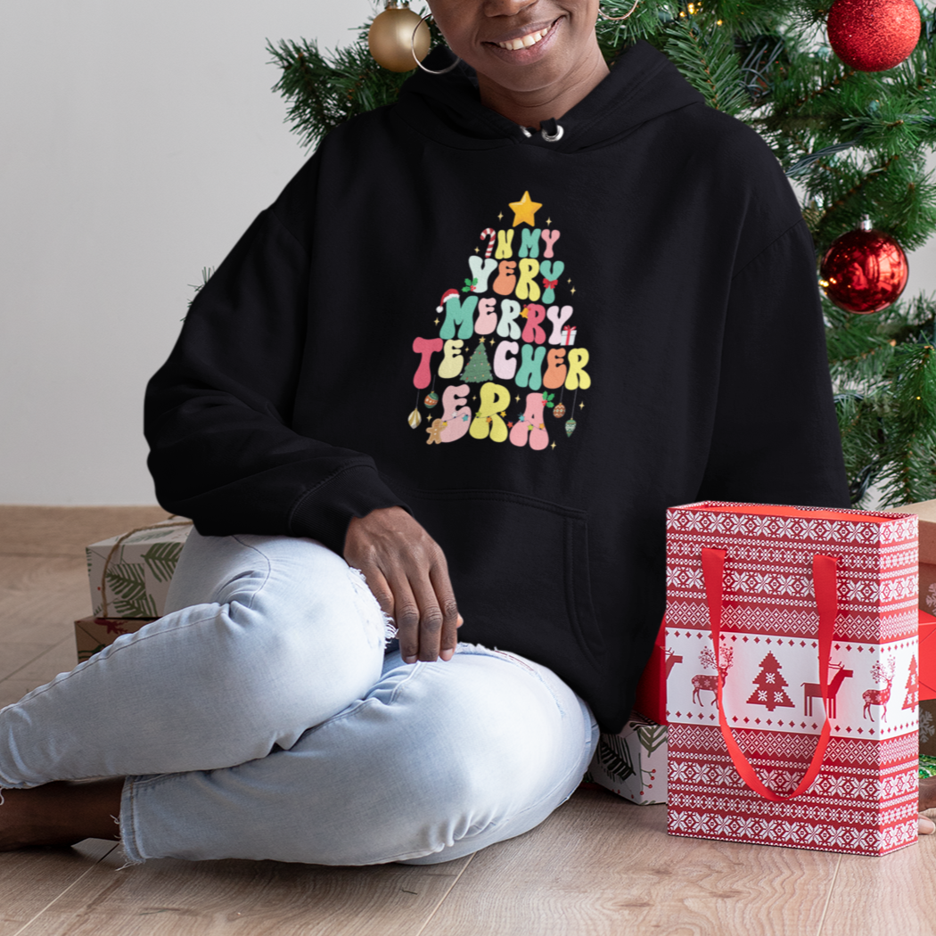 In My Very Merry Teacher Era Xmas Groovy Christmas Tree Hoodie - Wonder Print Shop