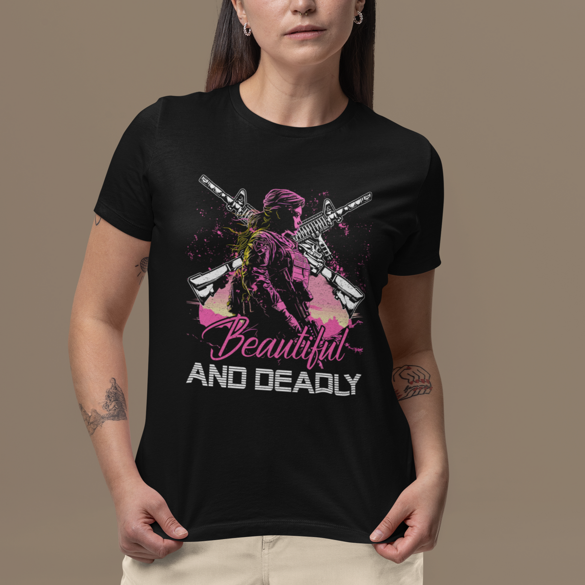 Female Veteran T Shirt Beautiful And Deadly Proud American Women Soldier - Wonder Print Shop